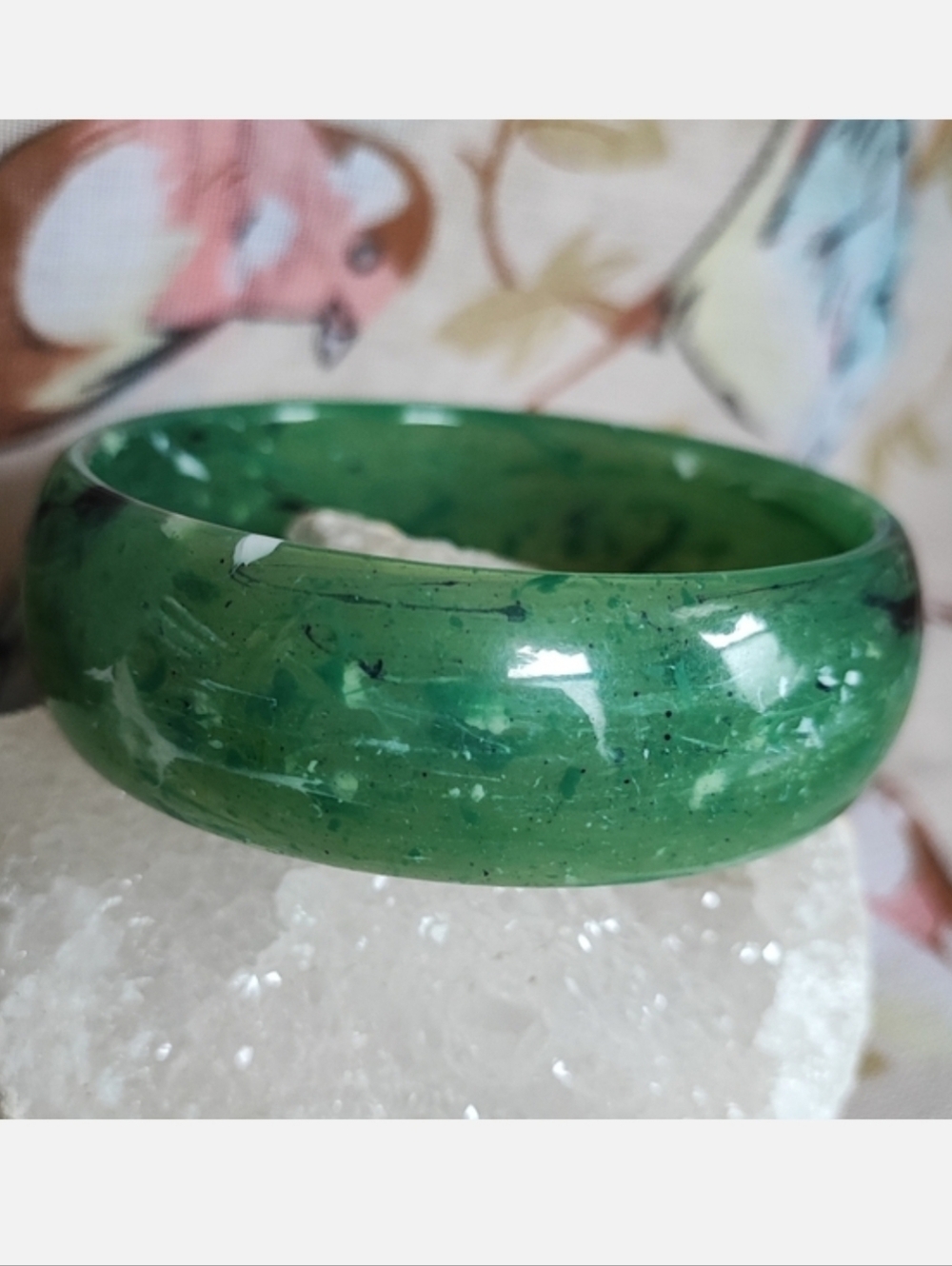 Faux Green Jade Plastic Bangle Light Weight Transparent Speckle Vintage Bracelet